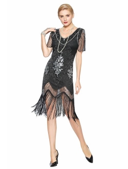 Radtengle Women's 1920s Flapper Dress Beaded Fringed Gatsby Dress with Short Sleeves for Roaring 20s Party