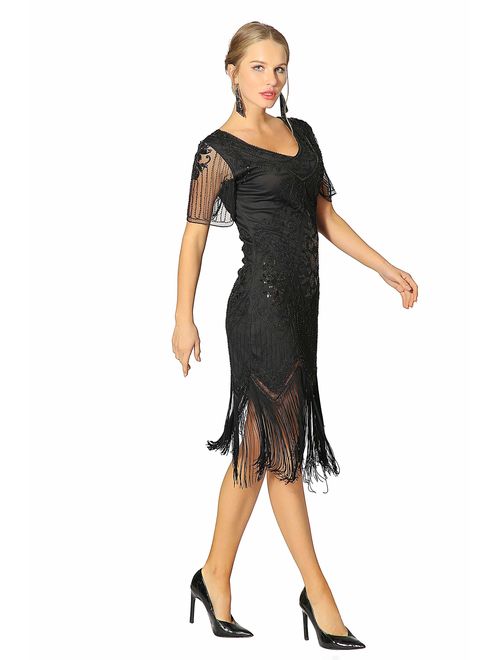 Radtengle Women's 1920s Flapper Dress Beaded Fringed Gatsby Dress with Short Sleeves for Roaring 20s Party