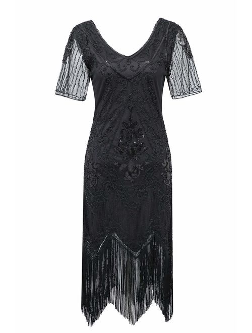 Radtengle Women's 1920s Flapper Dress Beaded Fringed Gatsby Dress with Short Sleeves for Roaring 20s Party