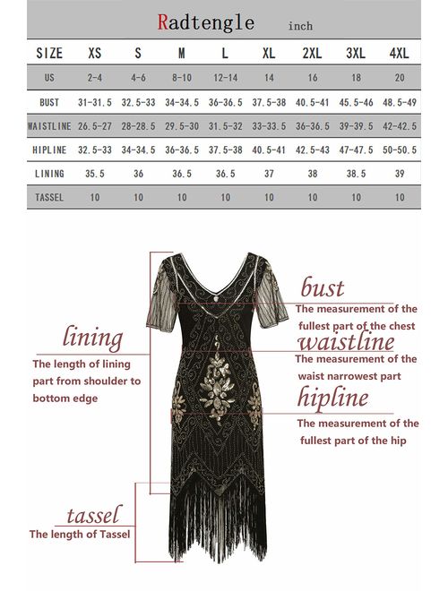 Radtengle Women's 1920s Flapper Dress Beaded Fringed Gatsby Dress with Short Sleeves for Roaring 20s Party