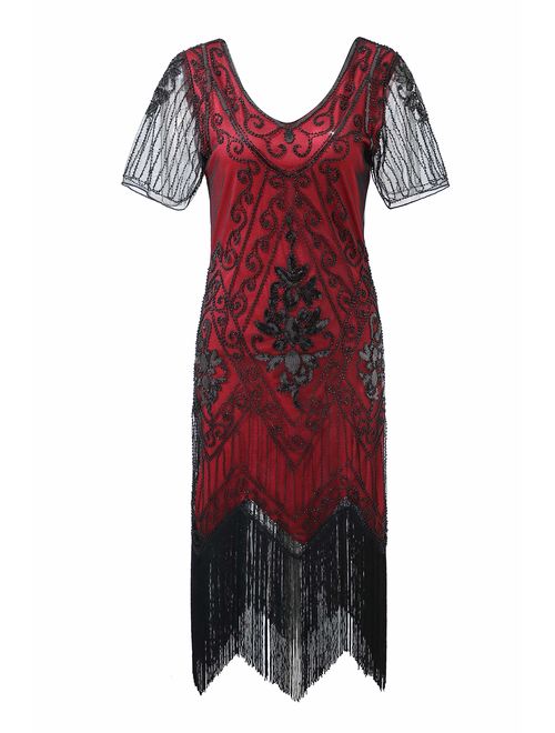 Radtengle Women's 1920s Flapper Dress Beaded Fringed Gatsby Dress with Short Sleeves for Roaring 20s Party