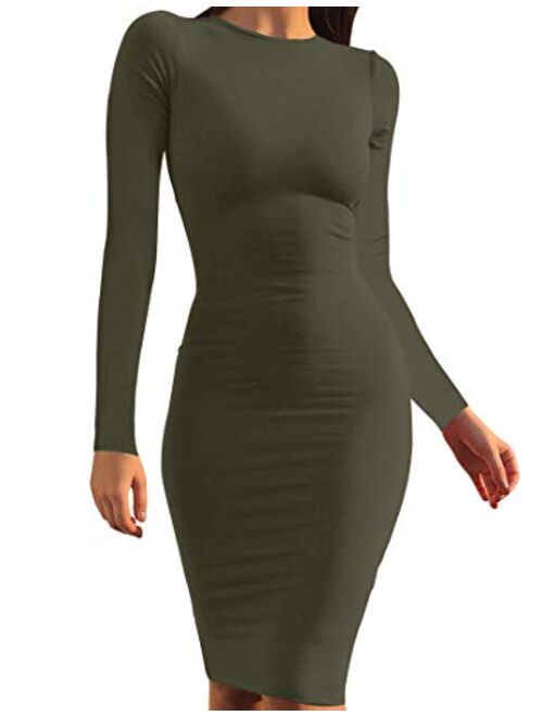 Mokoru Women's Casual Basic Pencil Dress Sexy Long Sleeve Bodycon Midi Club Dress