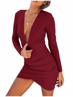 Haola Women's Deep V Neck Bodycon Dress Long Sleeve Backless Sexy Club Party Dresses