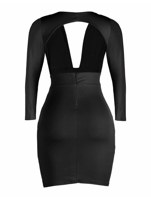 Haola Women's Deep V Neck Bodycon Dress Long Sleeve Backless Sexy Club Party Dresses