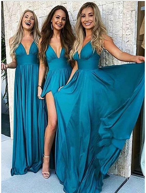 Bridesmaid Dresses Long V Neck Backless Split Prom Formal Evening Gowns for Women