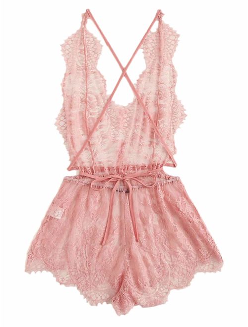 MAKEMECHIC Women's Lace Teddy Lingerie Deep V Backless Sleeveless Romper Sleepwear