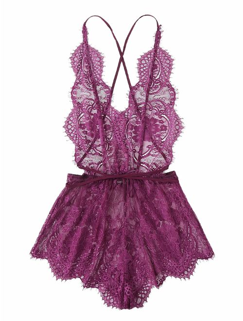 MAKEMECHIC Women's Lace Teddy Lingerie Deep V Backless Sleeveless Romper Sleepwear