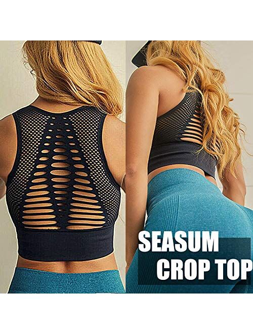 SEASUM High Impact Seamless Sports Bra Women Yoga Bra Crop Tops Workout Fitness Activewear Racerback Padded Shirt