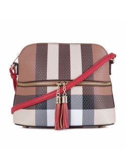 SG SUGU Lightweight Medium Dome Crossbody Bag with Tassel | Plaid Pattern