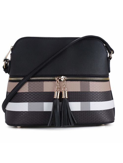 SG SUGU Lightweight Medium Dome Crossbody Bag with Tassel | Plaid Pattern