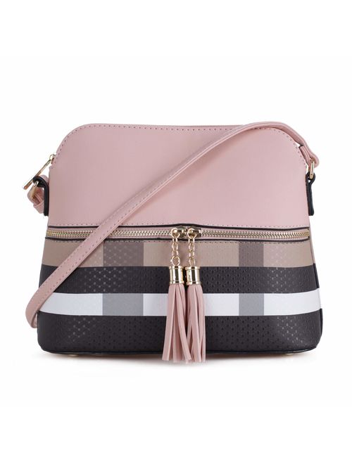 SG SUGU Lightweight Medium Dome Crossbody Bag with Tassel | Plaid Pattern