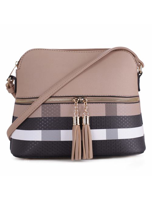 SG SUGU Lightweight Medium Dome Crossbody Bag with Tassel | Plaid Pattern