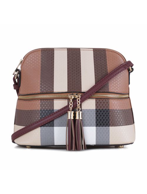 SG SUGU Lightweight Medium Dome Crossbody Bag with Tassel | Plaid Pattern