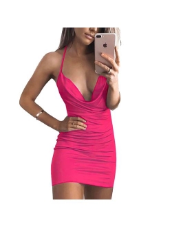 VANCOL Women's Sexy Deep V-Neck Halter Backless Slit Mini Party Club Dress