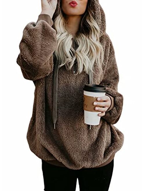 Dokotoo Womens Fuzzy Casual Loose Sweatshirt Hooded with Pockets Outwear S-XXL