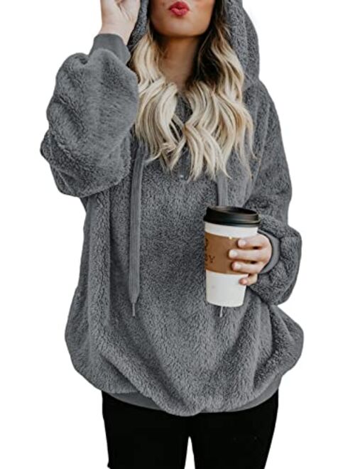 Dokotoo Womens Fuzzy Casual Loose Sweatshirt Hooded with Pockets Outwear S-XXL