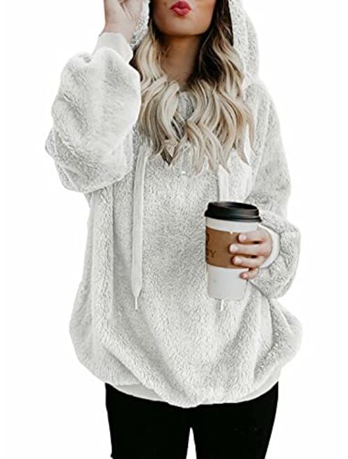 Dokotoo Womens Fuzzy Casual Loose Sweatshirt Hooded with Pockets Outwear S-XXL