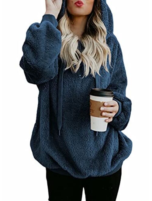 Dokotoo Womens Fuzzy Casual Loose Sweatshirt Hooded with Pockets Outwear S-XXL