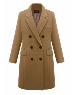 Women's Basic Designed Notch Lapel Double Breasted Mid-Long Wool Pea Coat