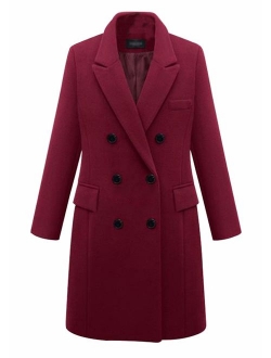 Women's Basic Designed Notch Lapel Double Breasted Mid-Long Wool Pea Coat