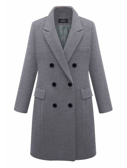 chouyatou Women's Basic Designed Notch Lapel Double Breasted Mid-Long Wool Pea Coat