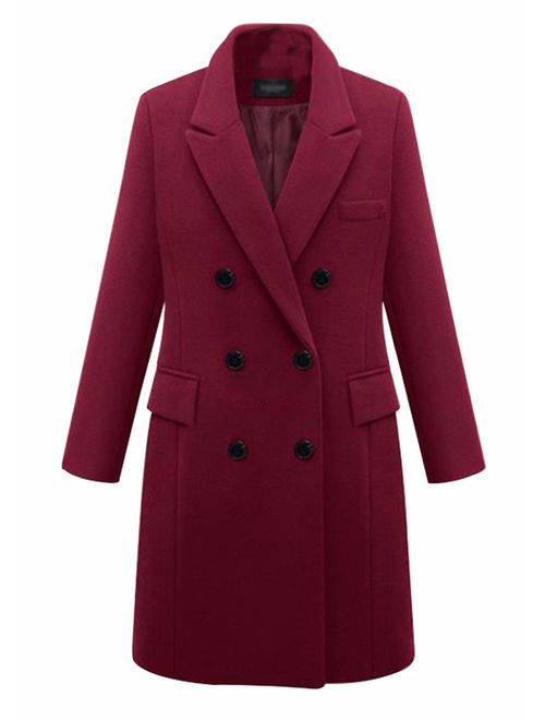 chouyatou Women's Basic Designed Notch Lapel Double Breasted Mid-Long Wool Pea Coat