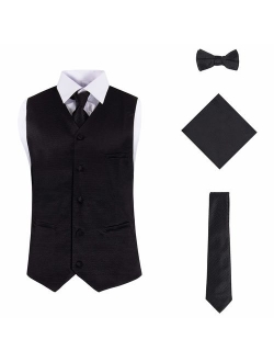 Vittorino Mens 4 Piece Formal Vest Set Combo with Tuxedo Vest Tie Bow Tie and Handkerchief