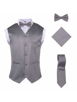 Vittorino Mens 4 Piece Formal Vest Set Combo with Tuxedo Vest Tie Bow Tie and Handkerchief