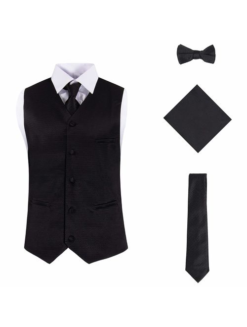 Vittorino Mens 4 Piece Formal Vest Set Combo with Tuxedo Vest Tie Bow Tie and Handkerchief