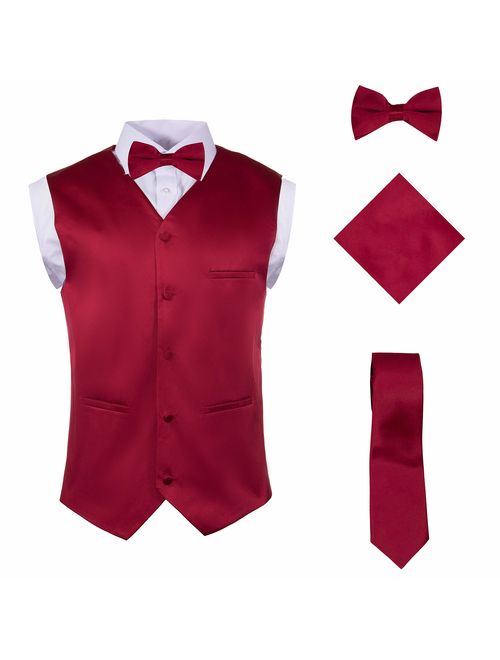 Vittorino Mens 4 Piece Formal Vest Set Combo with Tuxedo Vest Tie Bow Tie and Handkerchief