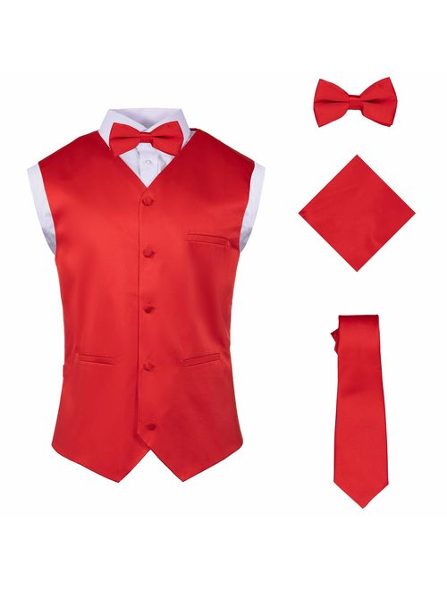 Vittorino Mens 4 Piece Formal Vest Set Combo with Tuxedo Vest Tie Bow Tie and Handkerchief