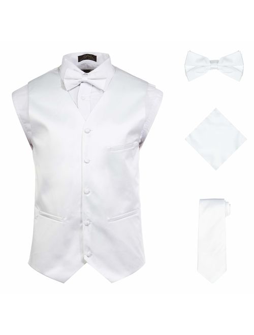 Vittorino Mens 4 Piece Formal Vest Set Combo with Tuxedo Vest Tie Bow Tie and Handkerchief