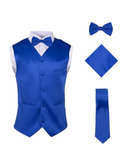 Vittorino Mens 4 Piece Formal Vest Set Combo with Tuxedo Vest Tie Bow Tie and Handkerchief