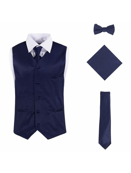 Vittorino Mens 4 Piece Formal Vest Set Combo with Tuxedo Vest Tie Bow Tie and Handkerchief