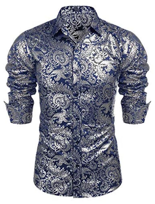 COOFANDY Men's Luxury Design Shirts Floral Dress Shirt Casual Button Down Silk Shirts