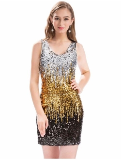 MANER Women's Sexy V Neck Sequin Glitter Bodycon Stretchy Embellished Club Mini Party Dress