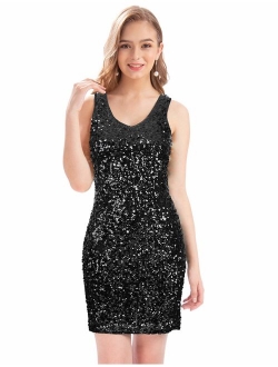 MANER Women's Sexy V Neck Sequin Glitter Bodycon Stretchy Embellished Club Mini Party Dress