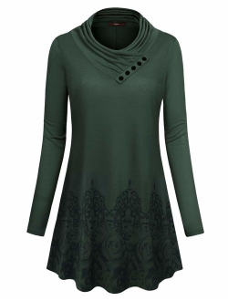 Gaharu Women's Long Sleeve Button Cowl Neck Floral Printed Casual Tunic Tops