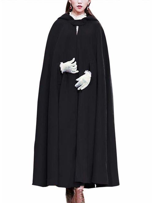 Gihuo Women's Wool Blend Hooded Cape Poncho Maxi Cloak Coat