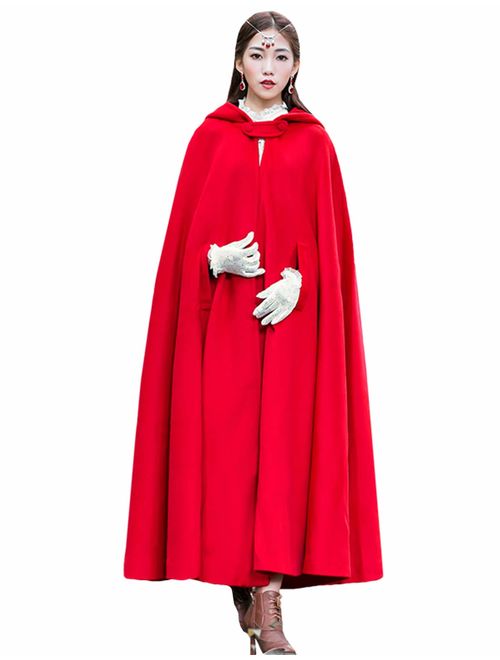 Gihuo Women's Wool Blend Hooded Cape Poncho Maxi Cloak Coat