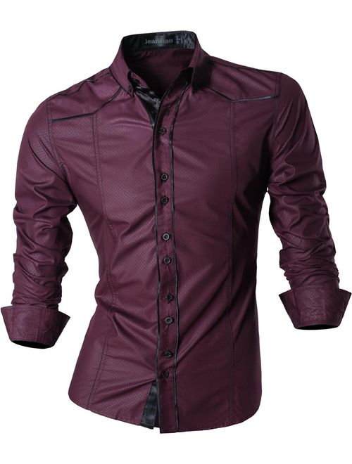 jeansian Men's Slim Fit Long Sleeves Casual Button Down Dress Shirts 8397