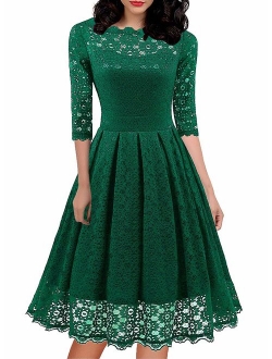 Women's 1950s Vintage Floral Lace Half Sleeve Formal Cocktail Party Casual Swing Dress 595