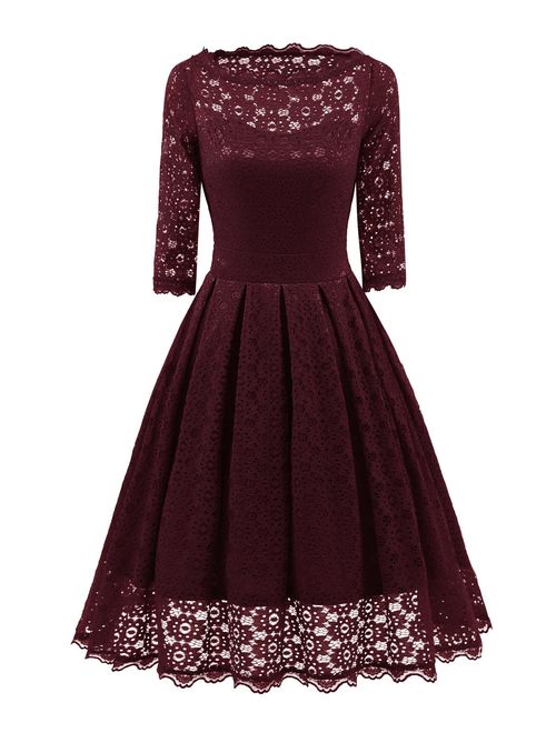 Women's 1950s Vintage Floral Lace Half Sleeve Formal Cocktail Party Casual Swing Dress 595