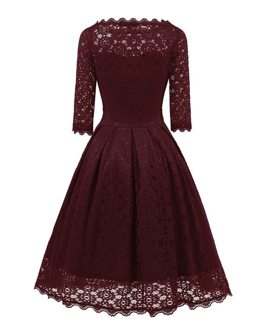 Women's 1950s Vintage Floral Lace Half Sleeve Formal Cocktail Party Casual Swing Dress 595