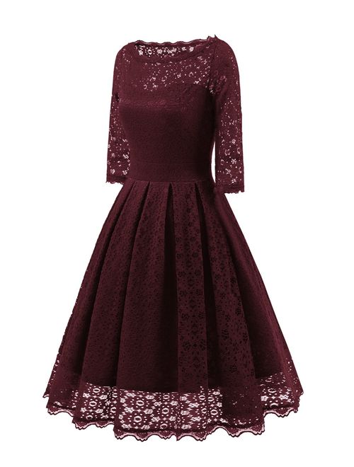 Women's 1950s Vintage Floral Lace Half Sleeve Formal Cocktail Party Casual Swing Dress 595