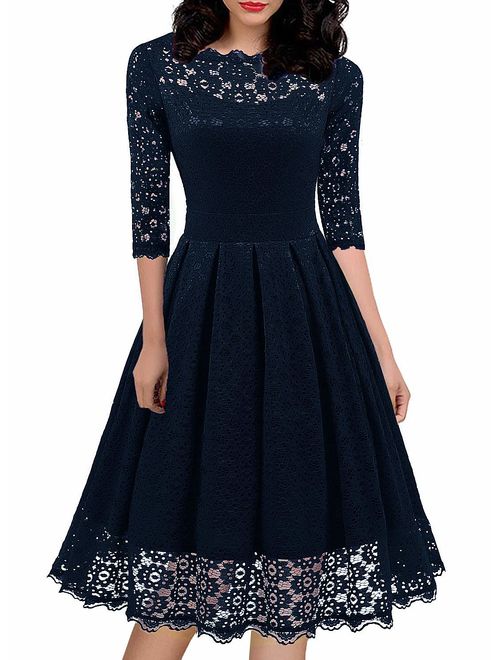 Women's 1950s Vintage Floral Lace Half Sleeve Formal Cocktail Party Casual Swing Dress 595