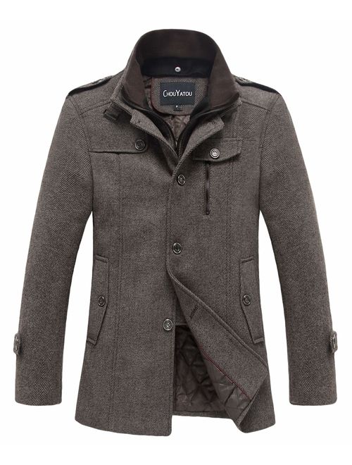 chouyatou Men's Winter Stylish Wool Blend Single Breasted Military Peacoat