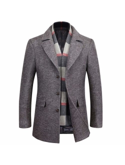 WULFUL Men's Wool Trench Coat Winter Slim Fit Pea Coat with Free Removable Plaid Scarf