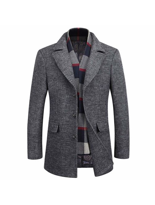 WULFUL Men's Wool Trench Coat Winter Slim Fit Pea Coat with Free Removable Plaid Scarf