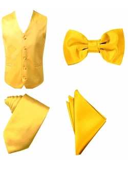 4pc Solid Vest Set, Necktie, Bow-Tie, Handkerchief Set